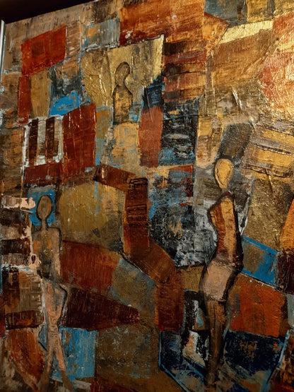 Abstract artwork with textured surface and geometric shapes