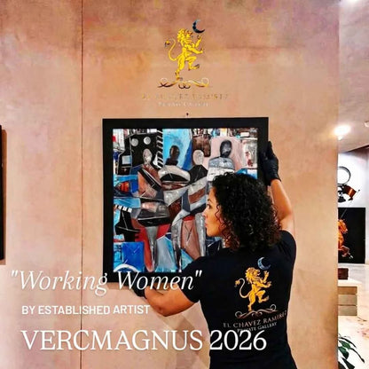 Woman hanging a painting titled 'Working Women' by VercMagnus 2026 in an art gallery.