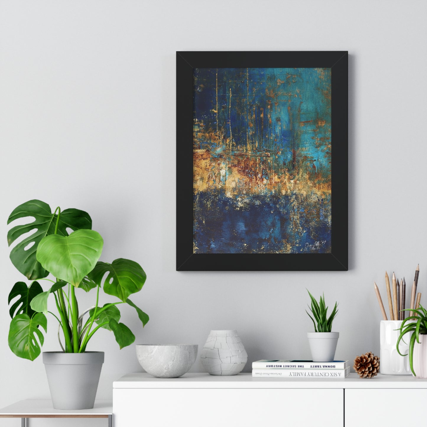 Abstract Blue Framed Vertical Poster, Modern Wall Art By QueenNoble