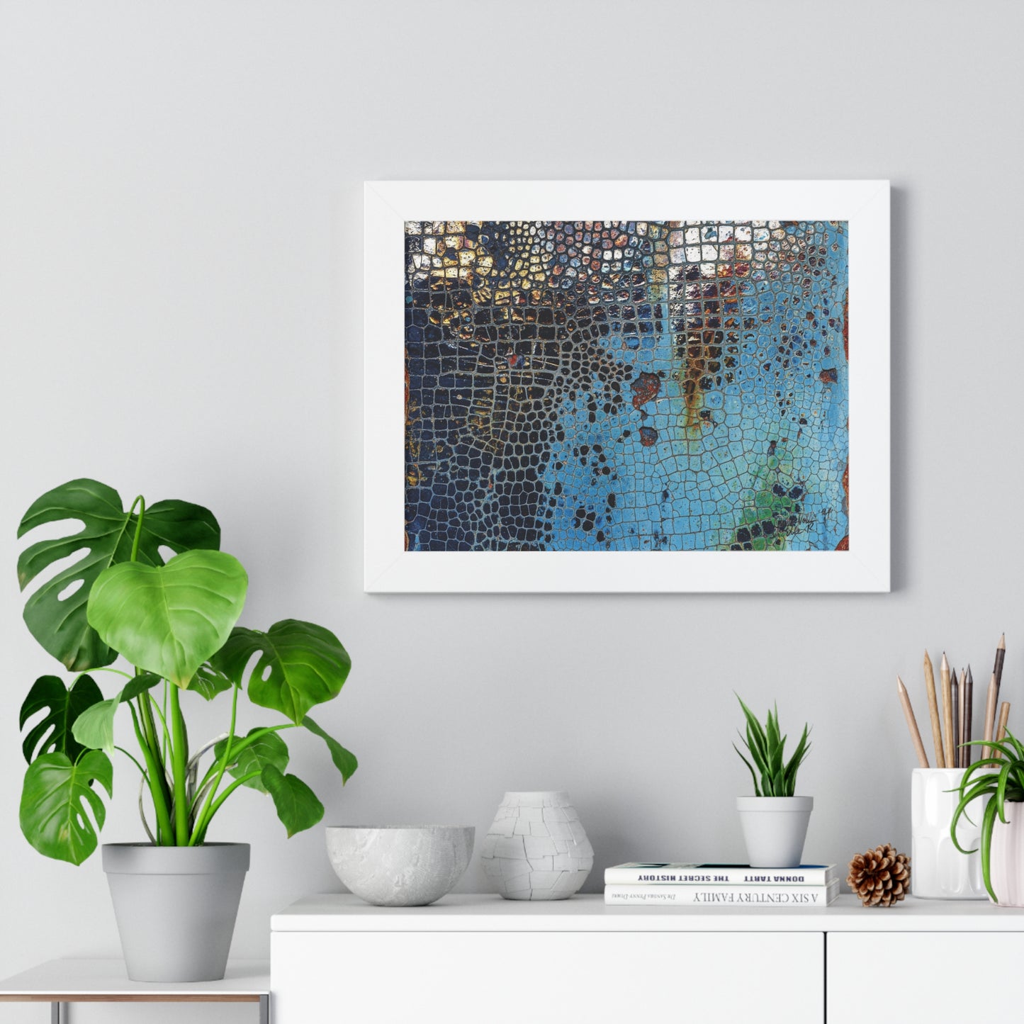 Cracking Mosaic Framed Poster, Unique Blue Wall Art Print By QueenNoble