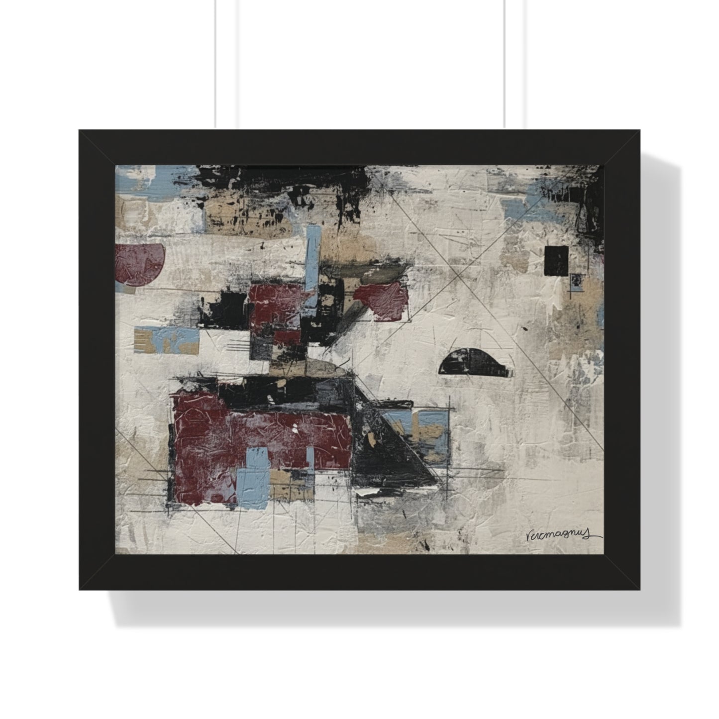 Abstract art print with geometric shapes in a black frame on a white background