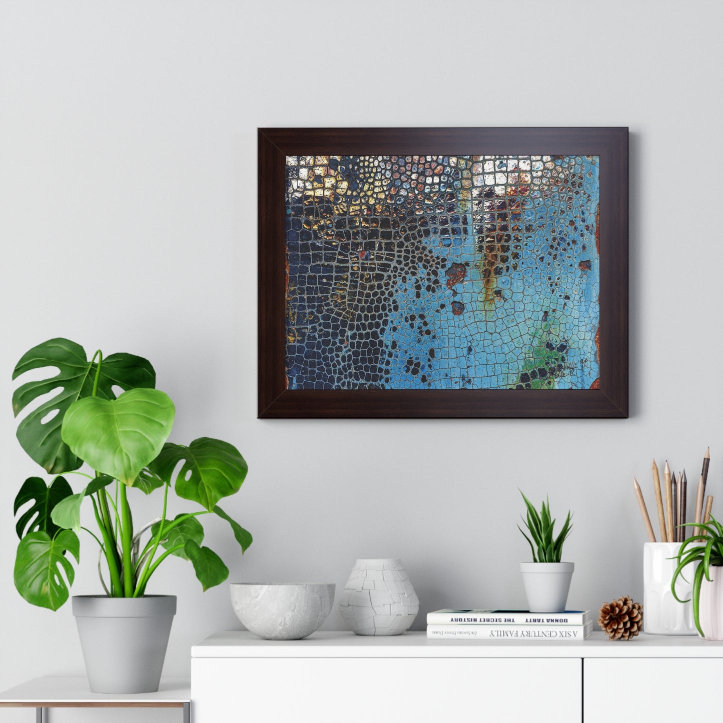 Cracking Mosaic Framed Poster, Unique Blue Wall Art Print By QueenNoble