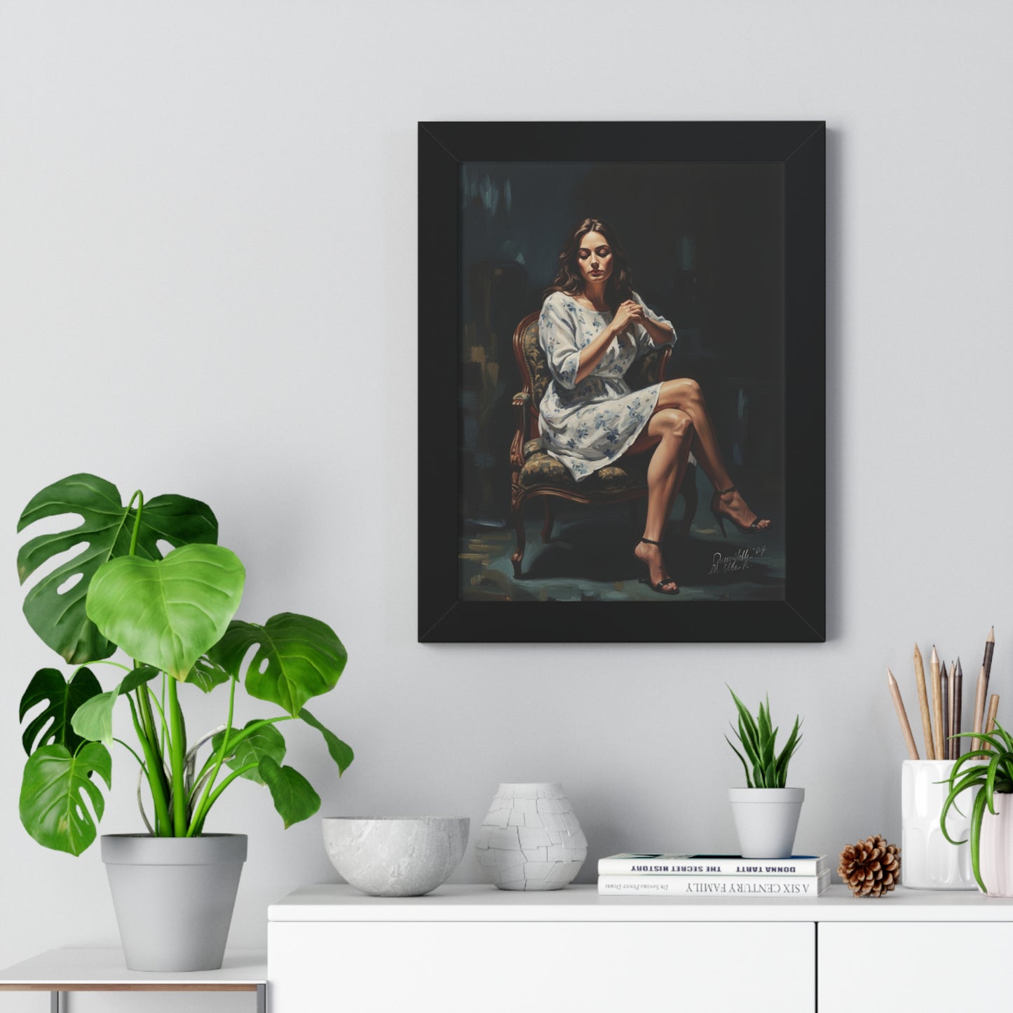 Lady On Chair Framed Vertical Poster for Home Decor, Wall Art Print