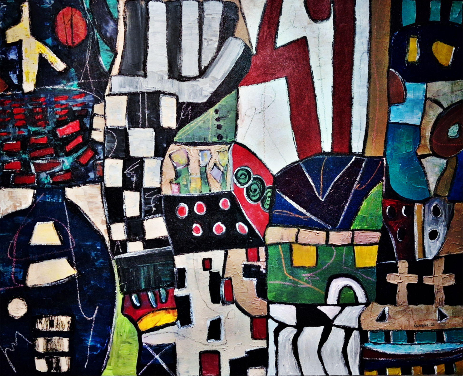 An abstract cubist-style painting with geometric shapes, bold black and white block patterns, red and green accents, and multiple painted surfaces layered across the composition.