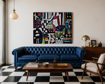A large, colorful abstract canvas print hangs on a white wall above a blue leather Chesterfield sofa in a modern living room with a black and white checkered floor.