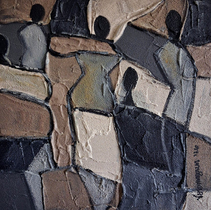 Abstract textured painting depicting stylized figures in a mosaic arrangement using earthy tones of brown, beige, gray, black, and muted blue-green.