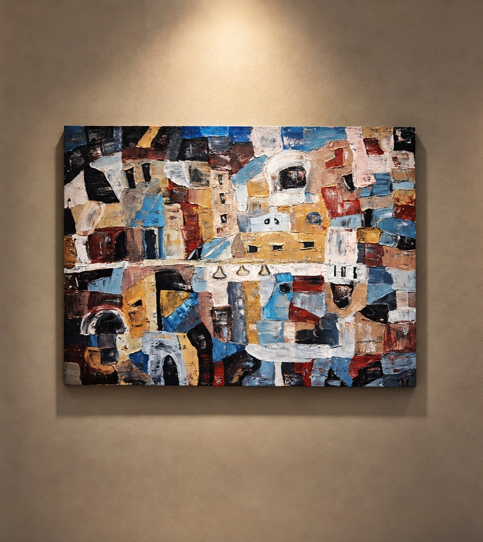 An abstract canvas painting with a patchwork of geometric shapes and textures in blue, beige, brown, red, black, and white, displayed on a warm beige wall under a spotlight.