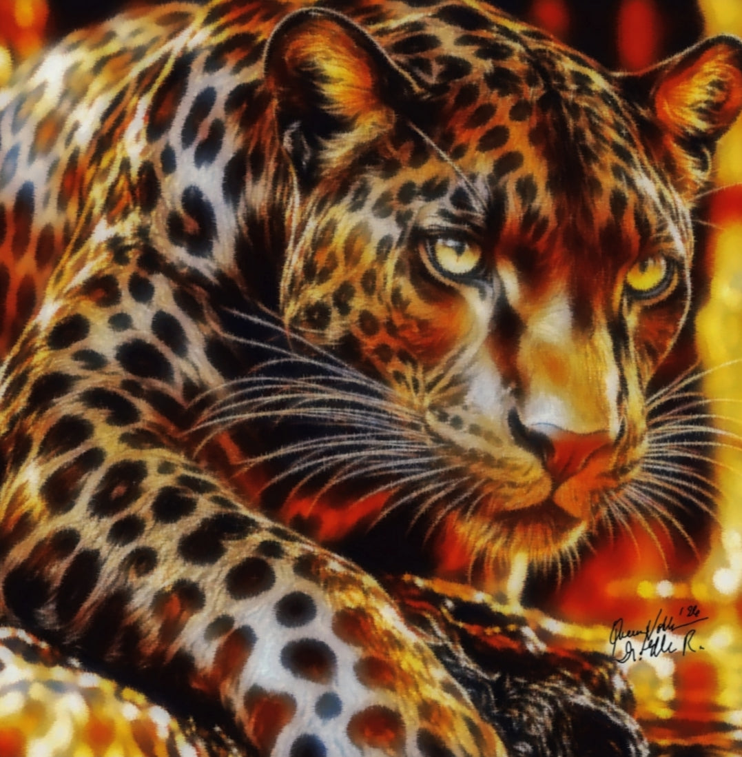A close-up painting of a leopard with yellow eyes and a spotted golden-brown coat, set against a fiery orange and red background. The artwork fills the frame, with an artist signature in the lower right corner.