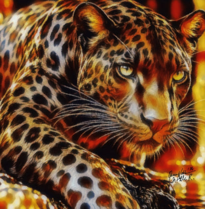 A close-up painting of a leopard with yellow eyes and a spotted golden-brown coat, set against a fiery orange and red background. The artwork fills the frame, with an artist signature in the lower right corner.