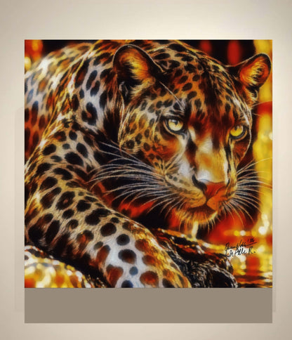A closeup painting of a leopard with golden eyes and a warm orange-brown background, shown against a light beige wall with a gray border below.