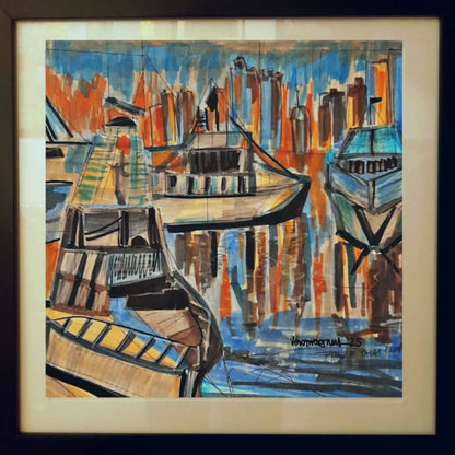 Manila Yacht Club - Framed Wall Art Original Art With Certificate Mid Century Modern Style