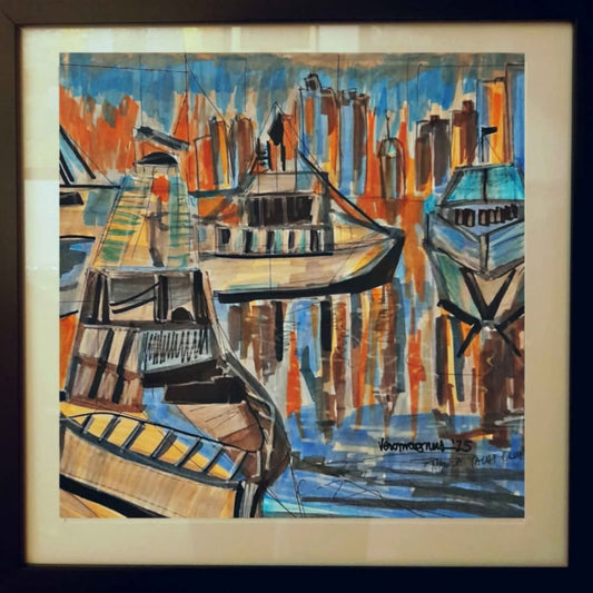 Manila Yacht Club - Framed Wall Art Original Art With Certificate Mid Century Modern Style