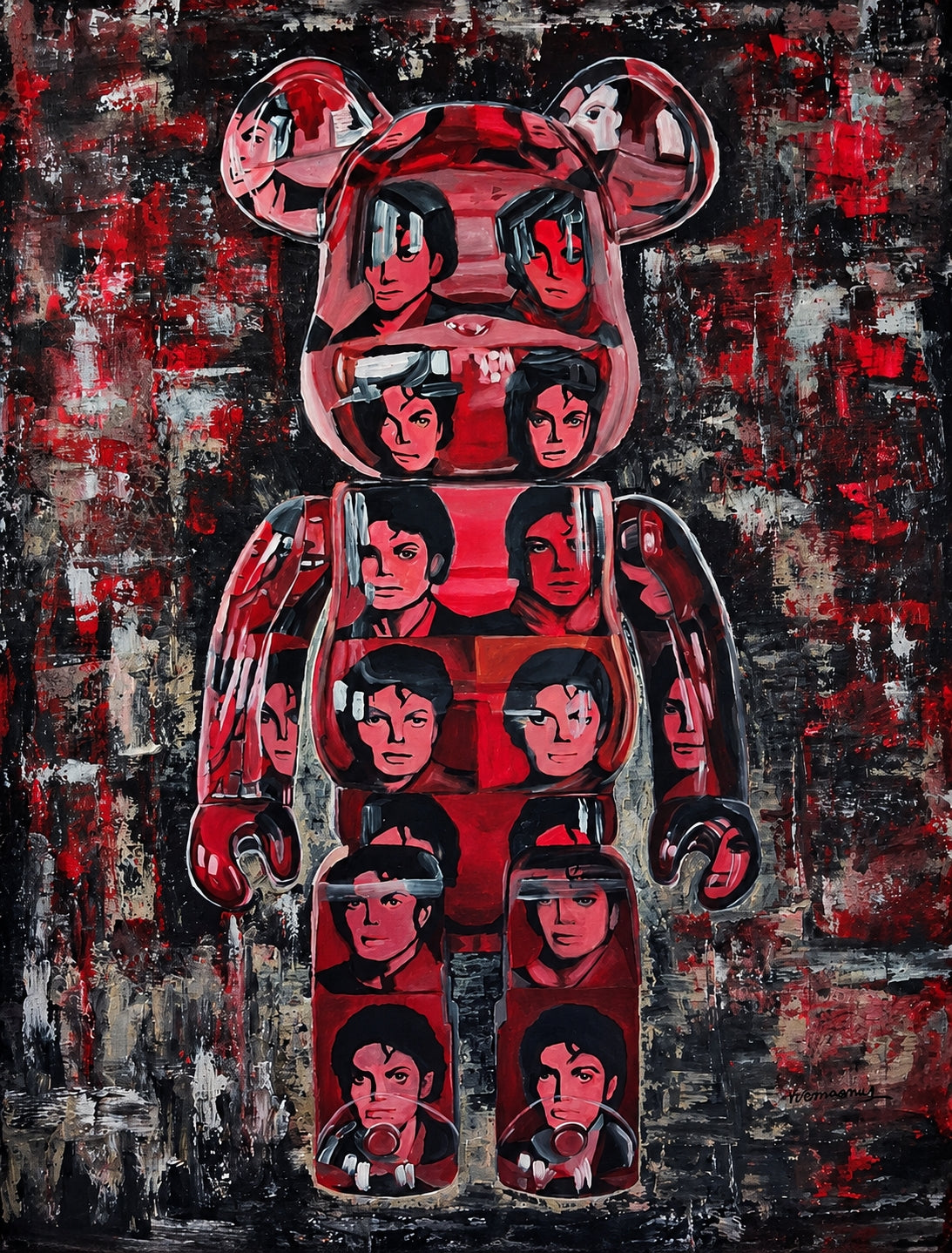 Michael Jackson Painting By Vercmagnus Beat It Bearbrick Inspired A stylized bear-shaped artwork filled with repeated red-and-black portrait faces, set against a textured abstract background in black, red, white, and gray.