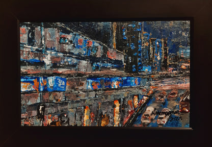 Catching The Last Train Textured Original Framed Cityscape Painting