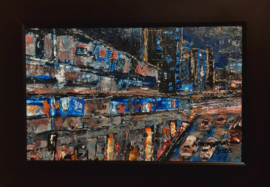 Catching The Last Train Textured Original Framed Cityscape Painting