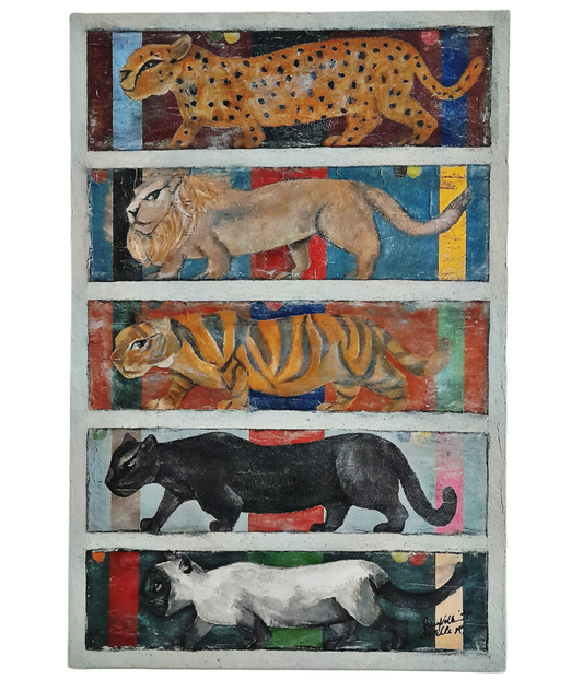 Figurative Animal Cats Original Art Midcentury Modern Style Painting - Where's The Kitty