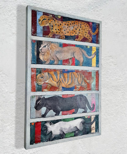 Figurative Animal Cats Original Art Midcentury Modern Style Painting - Where's The Kitty