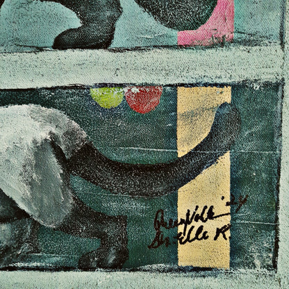 Figurative Animal Cats Original Art Midcentury Modern Style Painting - Where's The Kitty