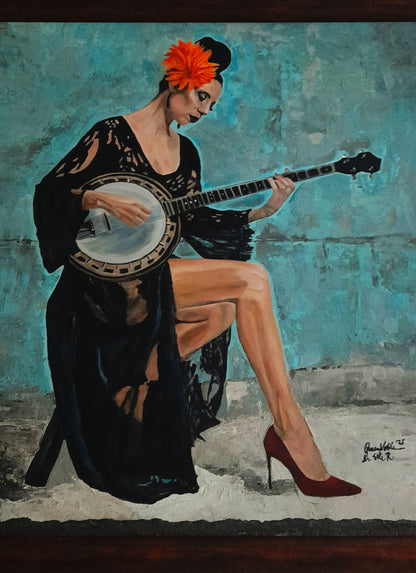 Fine Art Original Painting Woman With A Banjo Framed Portrait With Certificate