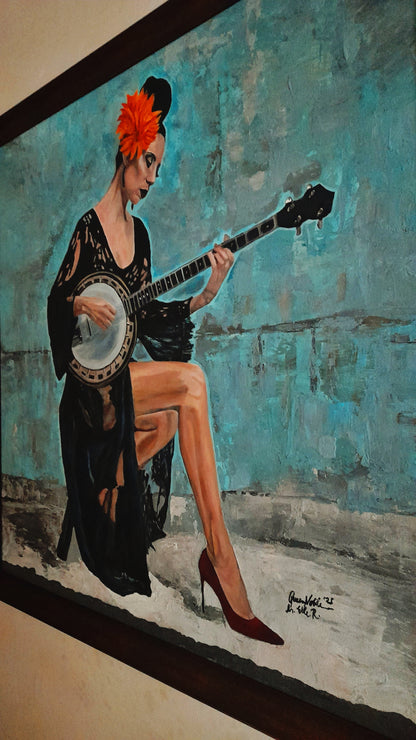 Fine Art Original Painting Woman With A Banjo Framed Portrait With Certificate