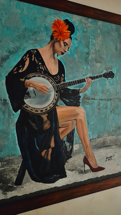 Fine Art Original Painting Woman With A Banjo Framed Portrait With Certificate