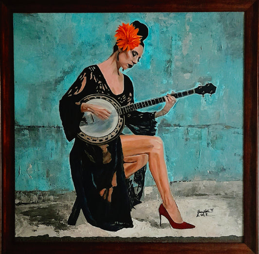 Fine Art Original Painting Woman With A Banjo Framed Portrait With Certificate
