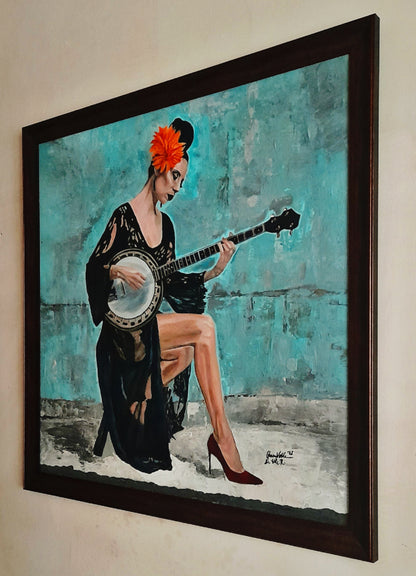 Fine Art Original Painting Woman With A Banjo Framed Portrait With Certificate