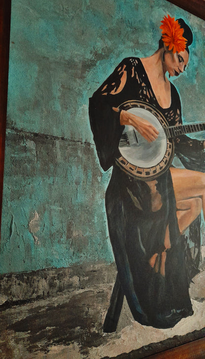 Fine Art Original Painting Woman With A Banjo Framed Portrait With Certificate