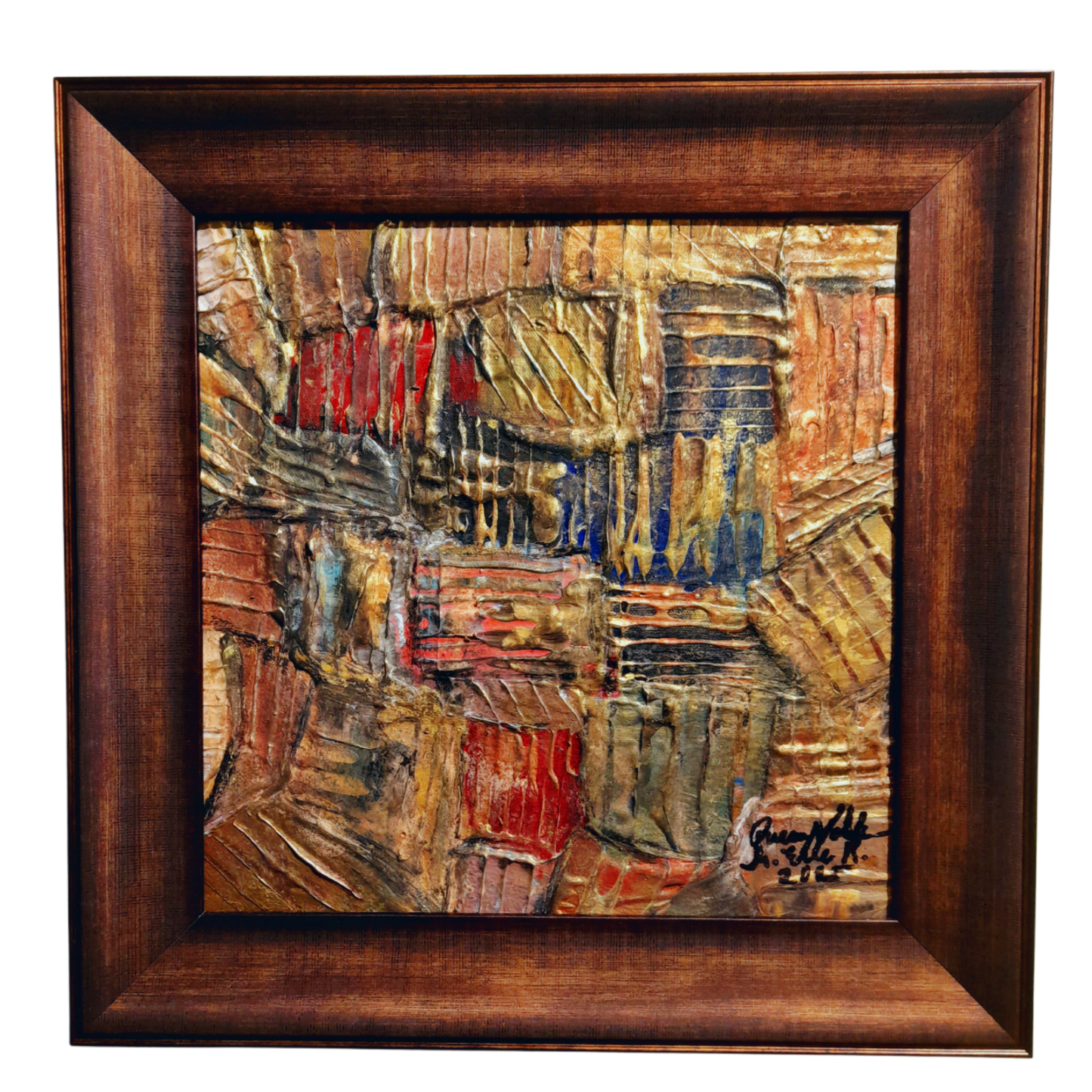 Framed Gold Rustic Abstract Original Painting Textured Embossed Art 