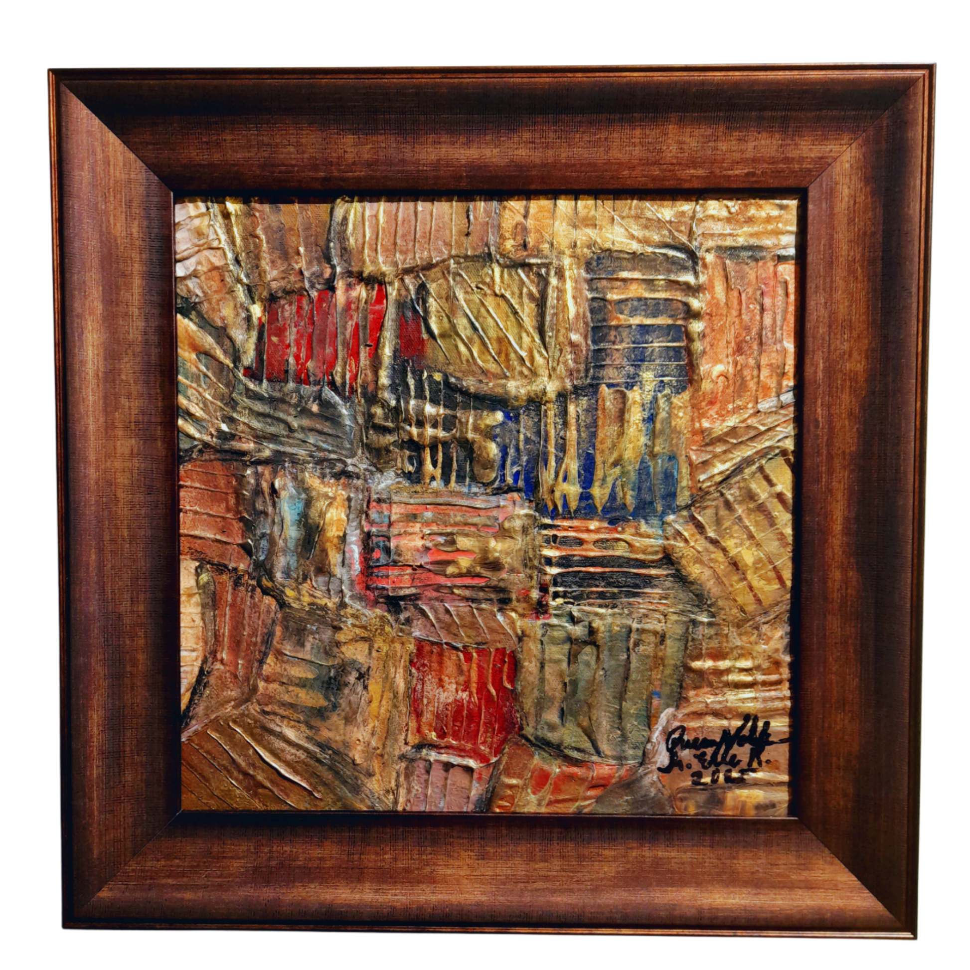 Framed Gold Rustic Abstract Original Painting Textured Embossed Art 