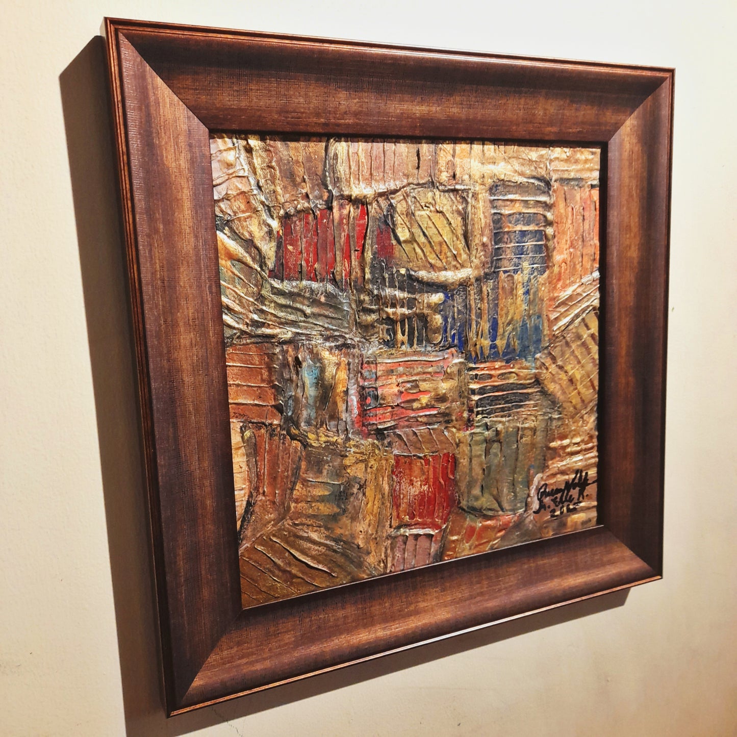 Framed Gold Rustic Abstract Original Painting Textured Embossed Art 