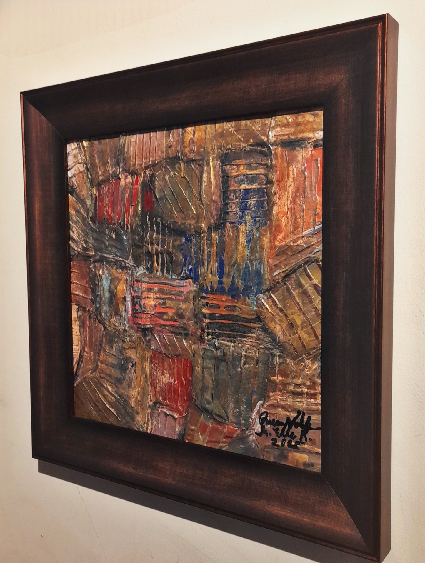 Framed Gold Rustic Abstract Original Painting Textured Embossed Art 