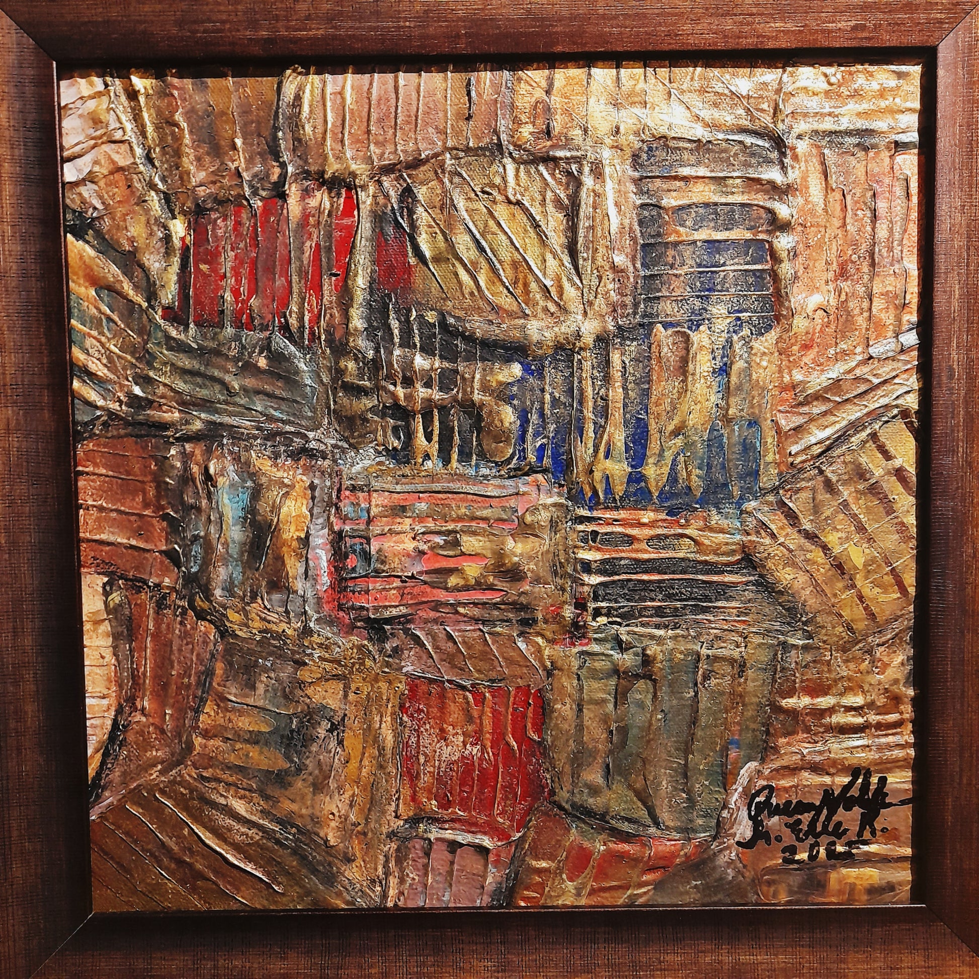 Framed Gold Rustic Abstract Original Painting Textured Embossed Art 