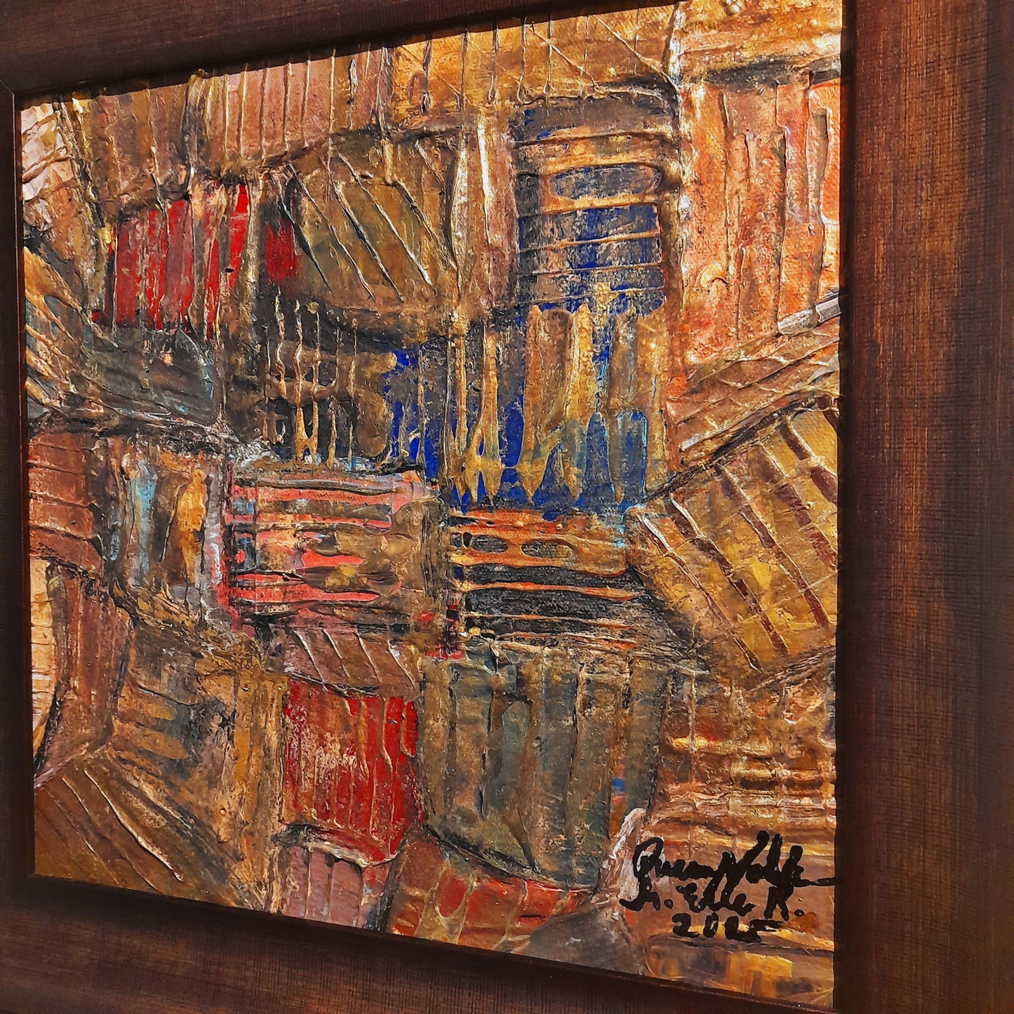 Framed Gold Rustic Abstract Original Painting Textured Embossed Art 