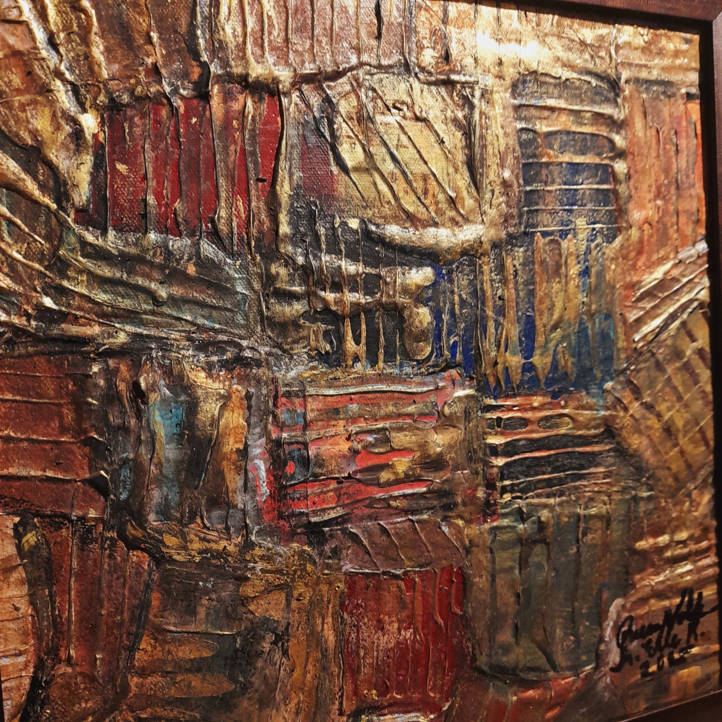 Framed Gold Rustic Abstract Original Painting Textured Embossed Art 