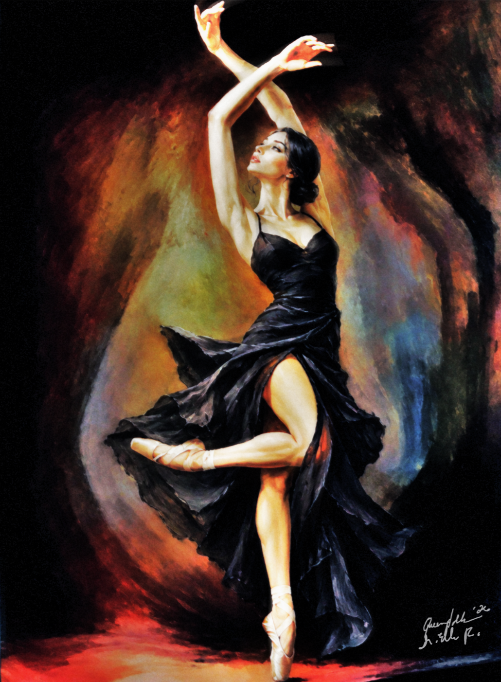 A painted ballet dancer in a flowing black dress, posed mid-movement against a dramatic dark background with red, orange, green, and blue brushstrokes. The artwork appears to be the product itself rather than a photo of a physical object in a room.