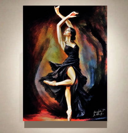 A vertical painting of a ballerina in a flowing black dress, captured mid-leap against a dark, painterly background with red, orange, green, and blue brushstrokes. The artwork is shown hanging on a light beige wall.