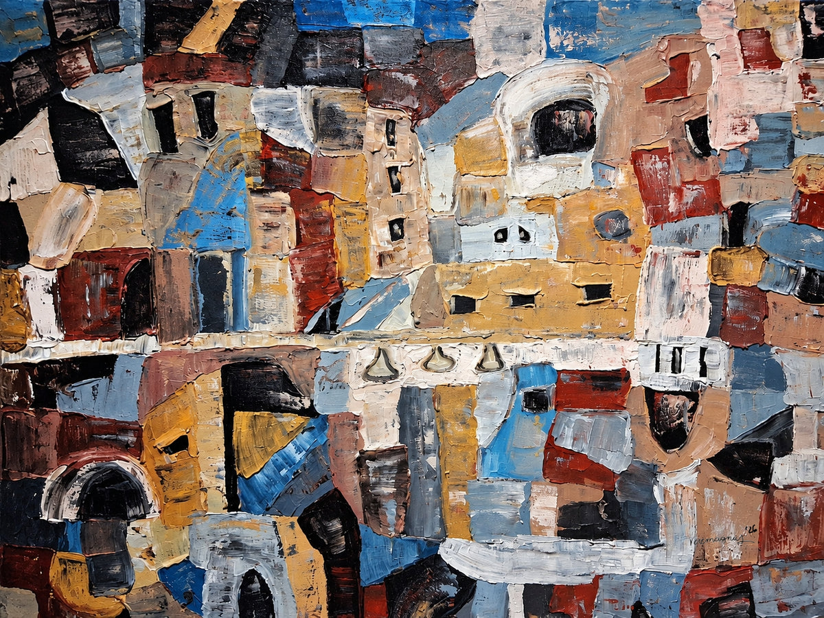 An abstract geometric painting featuring a collage of textured blocks and shapes in blue, beige, brown, red, black, and white, with stylized architectural forms and curved lines.