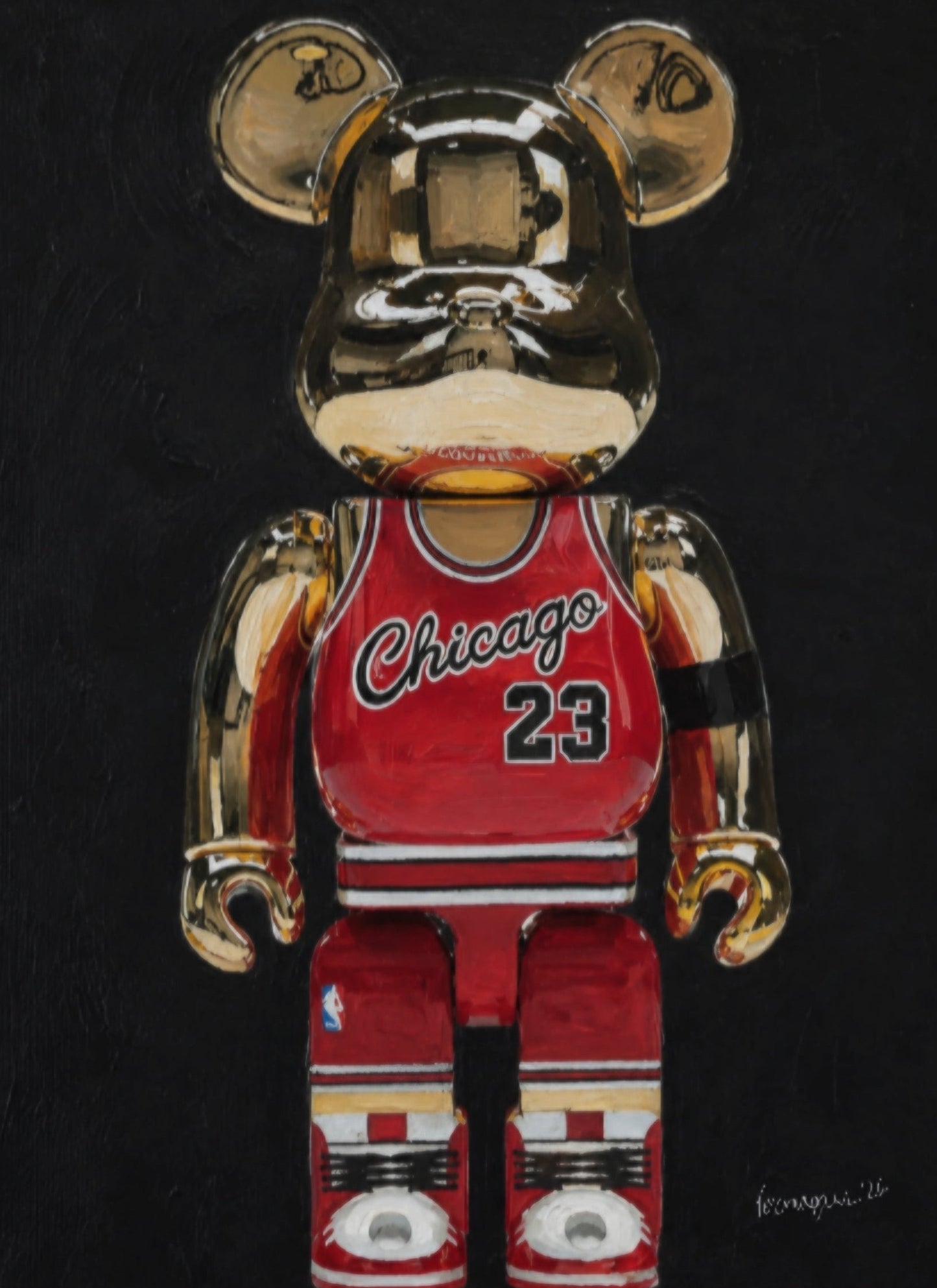 A framed wall art print showing a glossy metallic bear figure in a red Chicago basketball jersey with the number 23, displayed against a dark background on a beige wall.