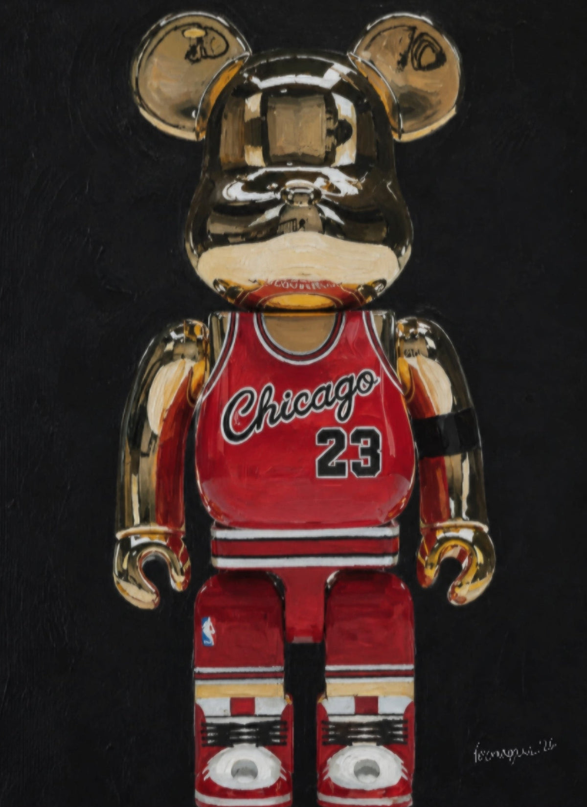 A framed wall art print showing a glossy metallic bear figure in a red Chicago basketball jersey with the number 23, displayed against a dark background on a beige wall.