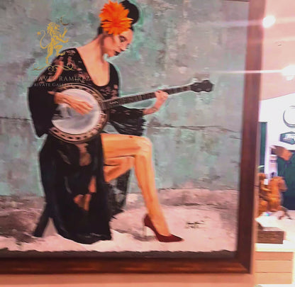 Fine Art Original Painting Woman With A Banjo Framed Portrait With Certificate