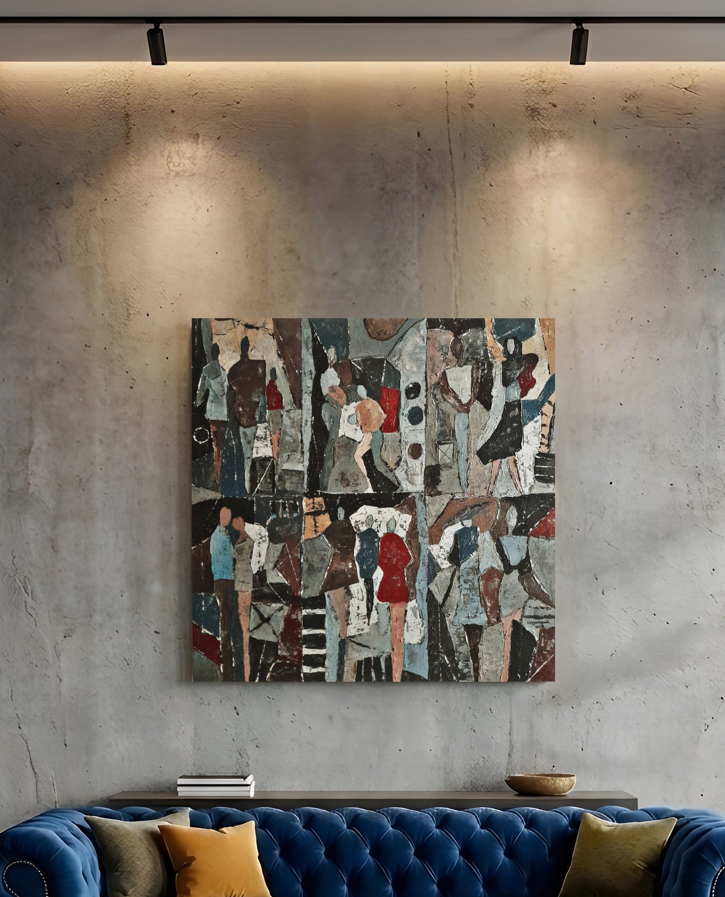 Abstract artwork on a concrete wall above a blue sofa